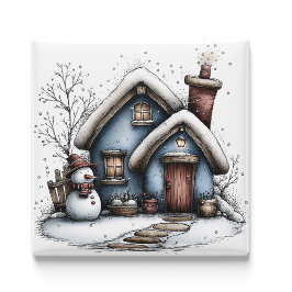 Blue Winter Cottage Christmas Magnet マグネット