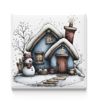 Blue Winter Cottage Christmas Magnet マグネット