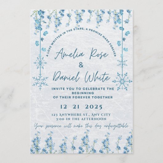 Blue Winter Floral Wedding Invitation 招待状 (正面)
