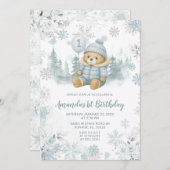 Blue Winter Forest Bear Balloon First Birthday 招待状 (正面/裏面)