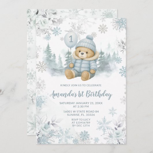 Blue Winter Forest Bear Balloon First Birthday 招待状 (正面/裏面)