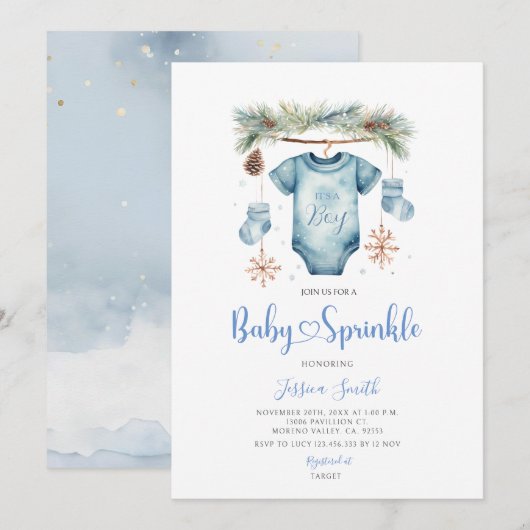 Blue Winter It's A Boy Baby Clothes Baby Sprinkle 招待状 (正面/裏面)
