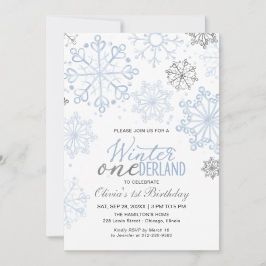 Blue Winter Onederland 1st Birthday Snowflake 招待状 (正面)