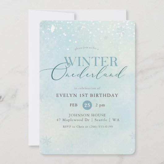 Blue Winter Onederland Snowflake First Birthday 招待状 (正面)