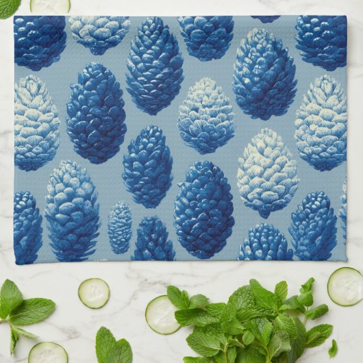 Blue Winter Pine Cone Pattern キッチンタオル (折り畳み)