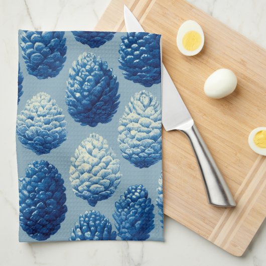 Blue Winter Pine Cone Pattern キッチンタオル (四つ折り)