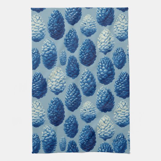Blue Winter Pine Cone Pattern キッチンタオル (縦)