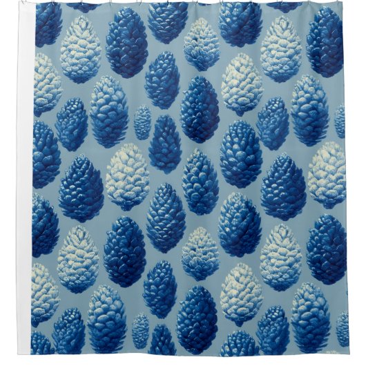 Blue Winter Pine Cone Pattern シャワーカーテン (正面)