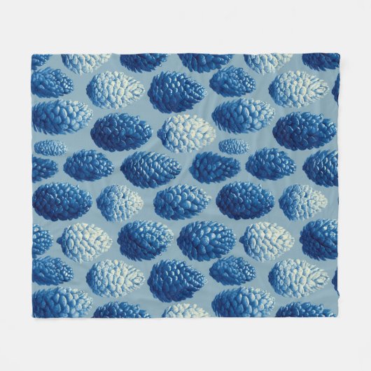 Blue Winter Pine Cone Pattern フリースブランケット (正面(横))