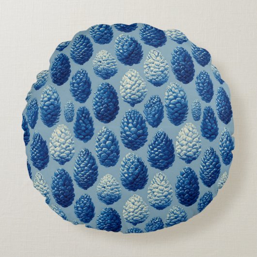Blue Winter Pine Cone Pattern ラウンドクッション (正面)