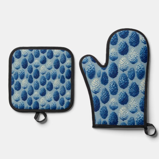 Blue Winter Pine Cone Pattern 鍋つかみ&鍋敷きセット (正面)