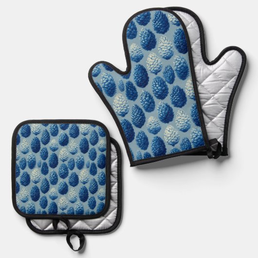 Blue Winter Pine Cone Pattern 鍋つかみ&鍋敷きセット (正面/裏面)