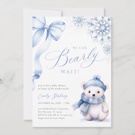 Blue Winter Polar Bear Baby Shower Invitation 招待状 (正面)