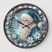 Blue Winter Santa Poinsettia ラージ壁時計 (正面)