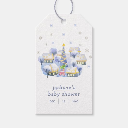 Blue Winter Snow It Take A Village Baby Shower  ギフトタグ (正面)