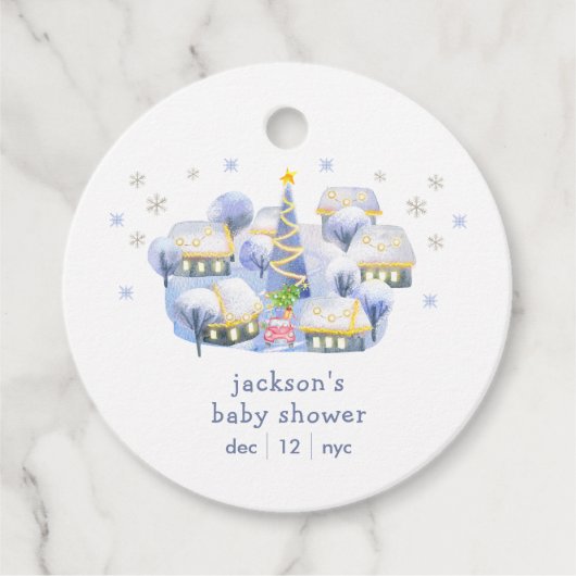 Blue Winter Snow It Take A Village Baby Shower フェイバータグ (正面)