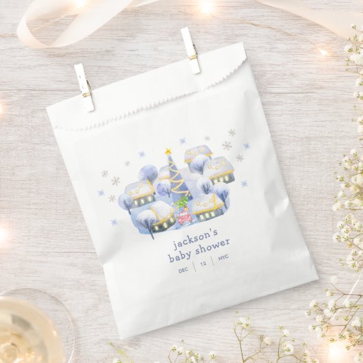 Blue Winter Snow It Take A Village Baby Shower  フェイバーバッグ (クリップ留めされた状態)