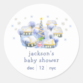 Blue Winter Snow It Take A Village Baby Shower  ラウンドシール