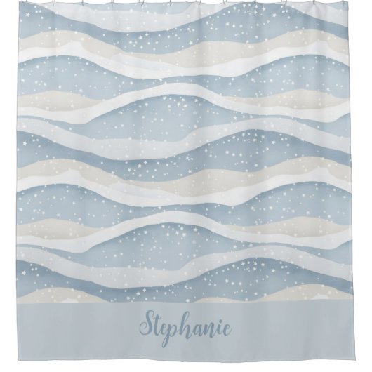 Blue Winter Snowfall Wave Personalized Pattern シャワーカーテン (正面)