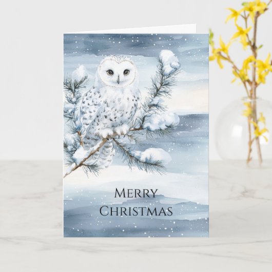 Blue Winter Snowy Owl Christmas   カード (黄色い花)