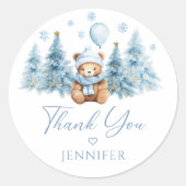 Blue Winter Teddy Bear Baby Boy Shower Thank You ラウンドシール (正面)
