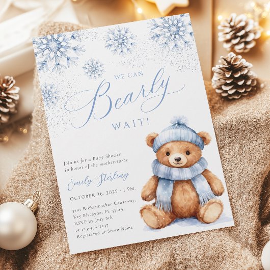 Blue Winter Teddy Bear Baby Shower Invitation 招待状