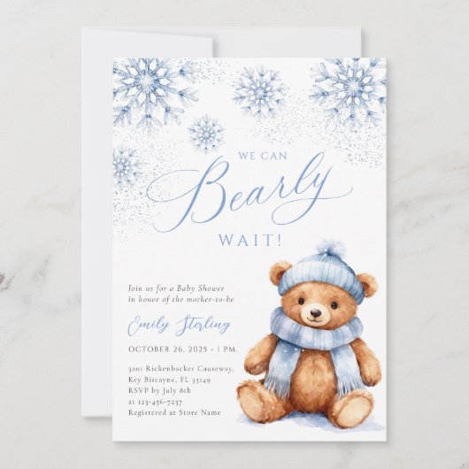 Blue Winter Teddy Bear Baby Shower Invitation 招待状 (正面)