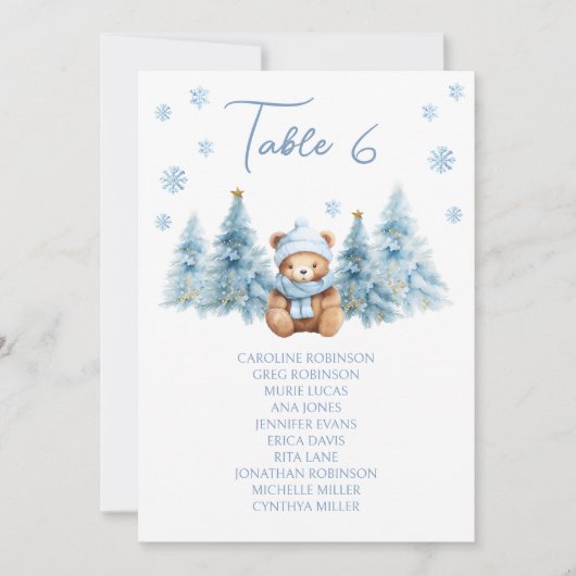 Blue Winter Teddy Bear Baby Shower Table Number (正面)