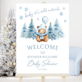 Blue Winter Teddy Bear Baby Shower Welcome Sign