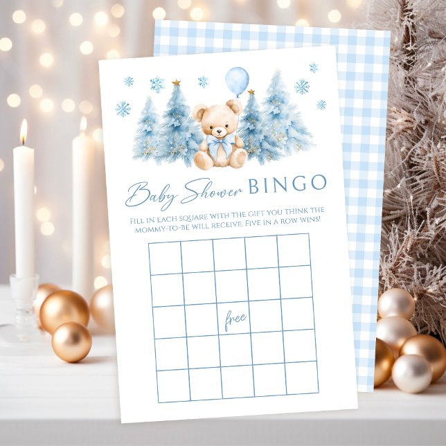 Blue Winter Teddy Bear Bow Baby Shower Game Bingo (クリエイターアップロード済み)