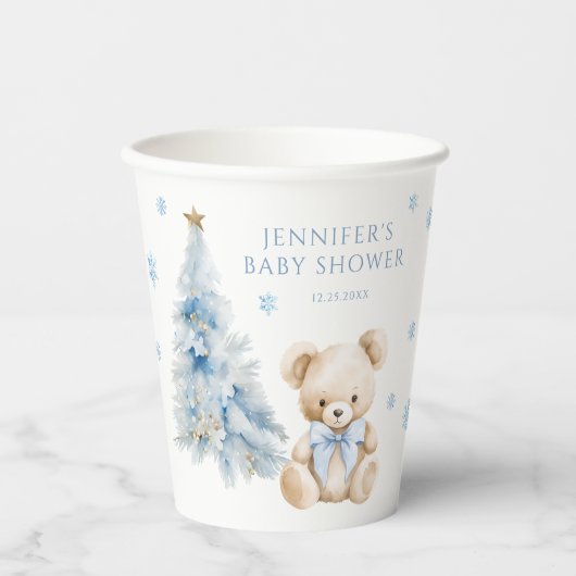 Blue Winter Teddy Bear Pine Tree Baby Girl Shower 紙コップ (正面)