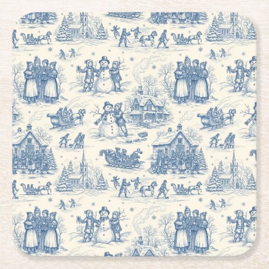Blue Winter Toile Chinoiserie スクエアペーパーコースター (正面)