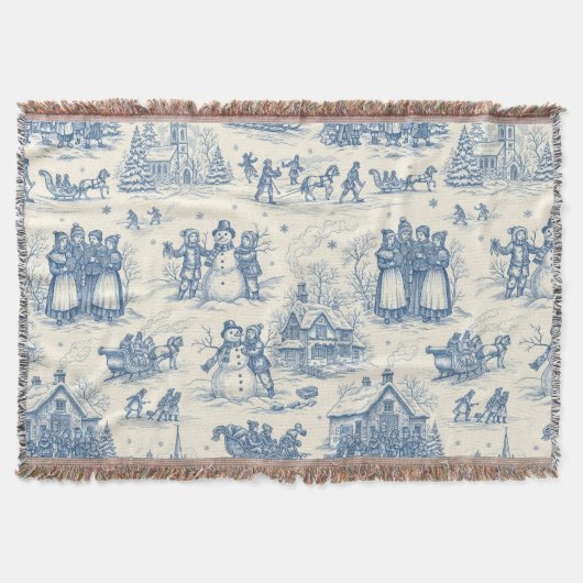 Blue Winter Toile Chinoiserie スローブランケット (正面)