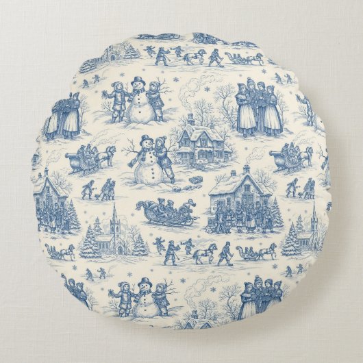 Blue Winter Toile Chinoiserie ラウンドクッション (正面)