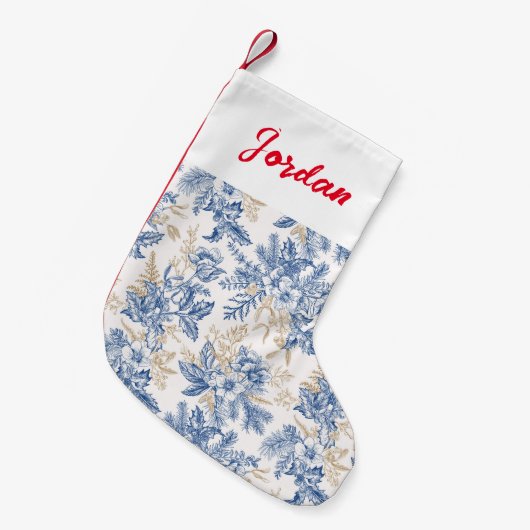 Blue Winter Vintage Flower Pattern スモールクリスマスストッキング (正面 (吊り時))