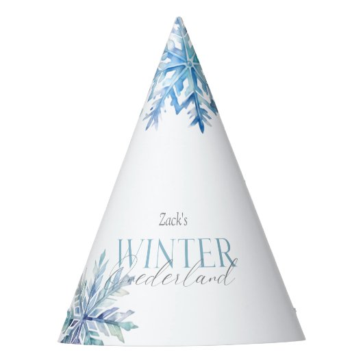 Blue Winter Wonderland Snowflake First Birthday  パーティーハット (正面)