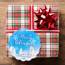 Blue Winter Wonderland White Snowy House Holiday オーナメントカード