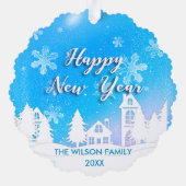 Blue Winter Wonderland White Snowy House Holiday オーナメントカード (裏面)