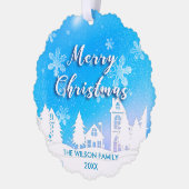 Blue Winter Wonderland White Snowy House Holiday オーナメントカード (左)