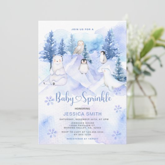 Blue Winter Woodland Arctic Animals Baby Sprinkle 招待状 (スタンド正面)