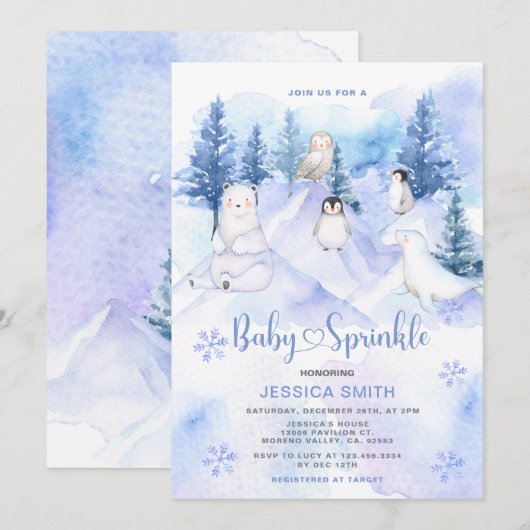 Blue Winter Woodland Arctic Animals Baby Sprinkle 招待状 (正面/裏面)