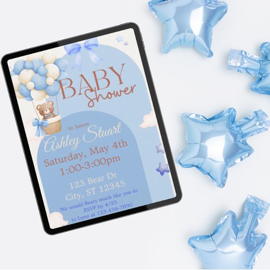 Blue with a Bear in a hot air balloon baby shower 招待状