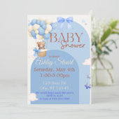 Blue with a Bear in a hot air balloon baby shower 招待状 (スタンド正面)