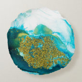 Blue with gold glitter fluid art, creative abstrac ラウンドクッション (裏面)