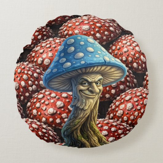 Blue wizard, mushroom whimsical forest fantasy ラウンドクッション (正面)