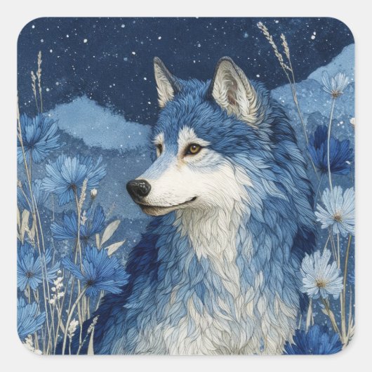 Blue Wolf Portrait Under Starry Night Sky スクエアシール (正面)