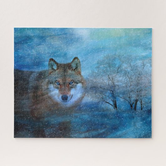 Blue Wolf Winter Forest Wildlife Painting ジグソーパズル (横)