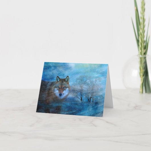 Blue Wolf Winter Forest Wildlife Painting ノートカード (正面)