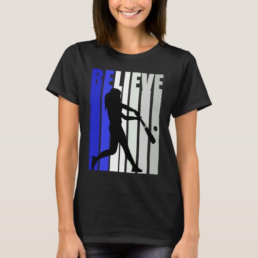 Blue Womens Believe Baseball Inspirational Softbal Tシャツ (正面)