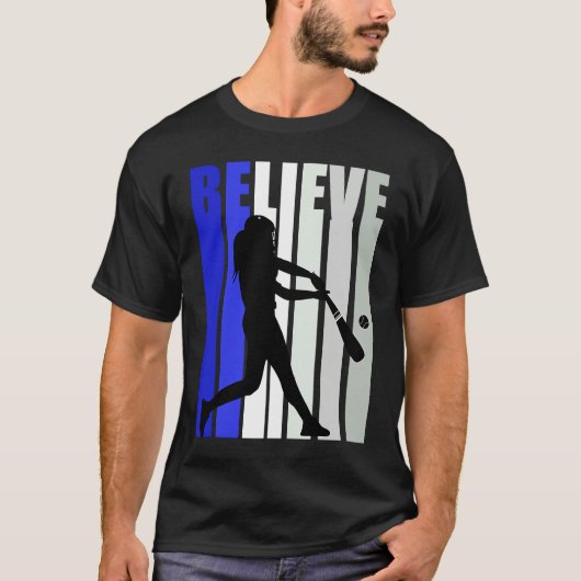 Blue Womens Believe Baseball Inspirational Softbal Tシャツ (正面)